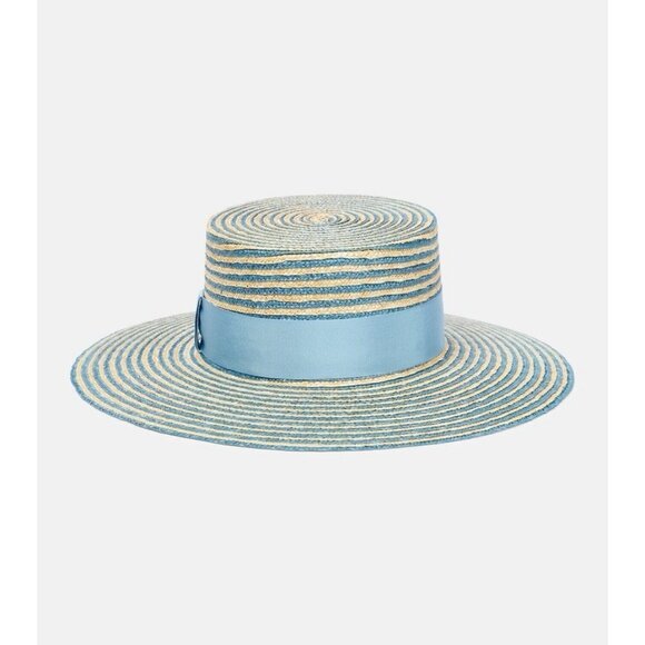 NWT GUCCI BLUE STRAW STRIPED HAT BOATER 100% Authentic Size M - Picture 3 of 10